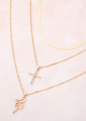 Gold Triple Layered Pave Cross Snake Necklace
