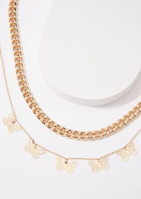 Gold Double Layer Chunky Chain Butterfly Necklace