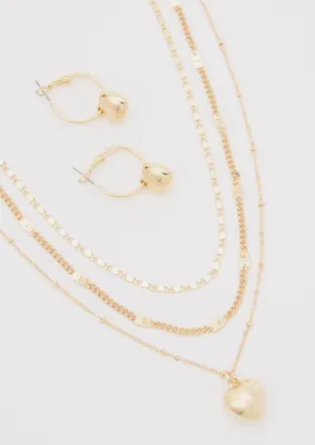 Gold Puff Heart Necklace And Earring Set