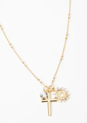 Gold Cross Saint Charm Necklace