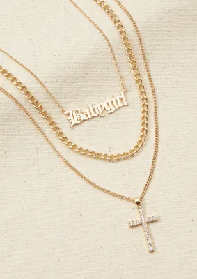 3-Pack Gold Babygirl Cross Chain Necklace Set