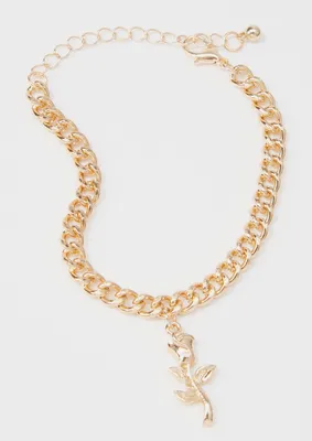 Gold Chunky Chain Rose Charm Bracelet
