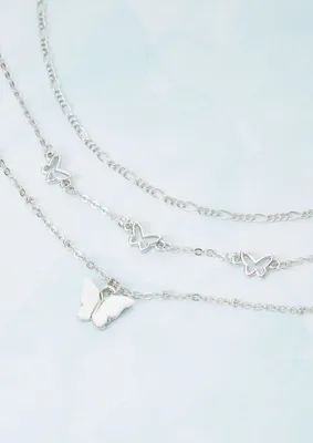 3-Pack Silver Acrylic Butterfly Anklet Set