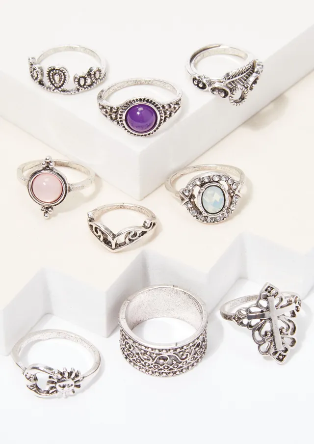 Silver Studded Assorted Ring Set - 8 Pack