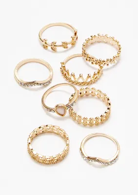 8-Pack Gold Crown Flower Ring Set