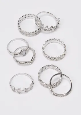 8-Pack Silver Crown Flower Ring Set