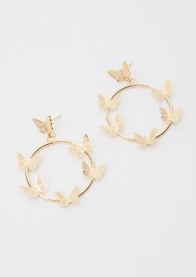 Gold Butterfly Drop Hoop Earrings