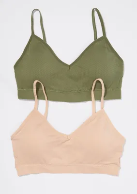 2-Pack Green And Taupe Ribbed Knit Seamless Bralette Set