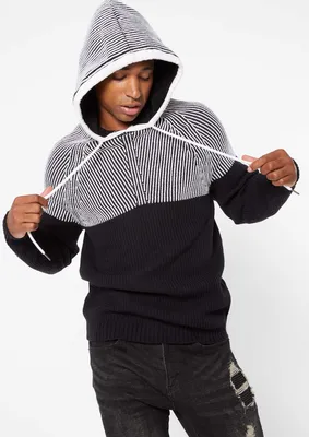 Colorblock Ribbed Knit Hooded Sweater