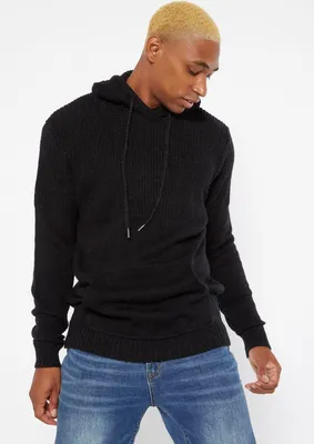 Black Waffle Knit Hooded Sweater