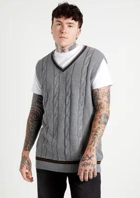 Gray Varsity Striped Cable Knit Sweater Vest