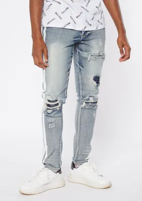 Medium Wash Side Striped Moto Skinny Jeans