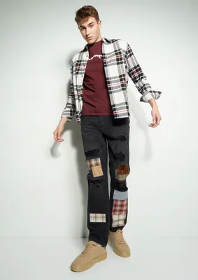 Black Ripped Multi Print Patchwork Relaxed Fit Jeans