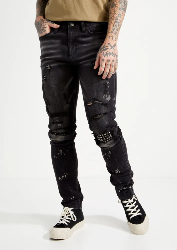 Rue21 Black Ripped Studded Stacked Skinny Jeans
