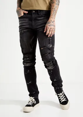 Black Ripped Studded Stacked Skinny Jeans