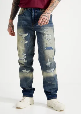 Medium Wash Rip Repair Loose Fit Jeans