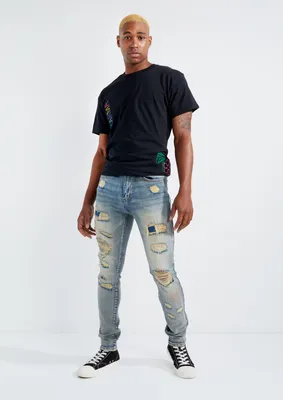 Medium Wash Rip Repair Stitched Super Skinny Jeans