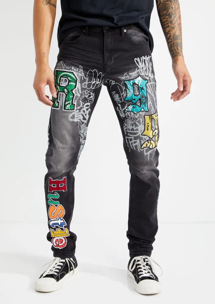 Ripped Red Skinny Jeans with Graffiti Print