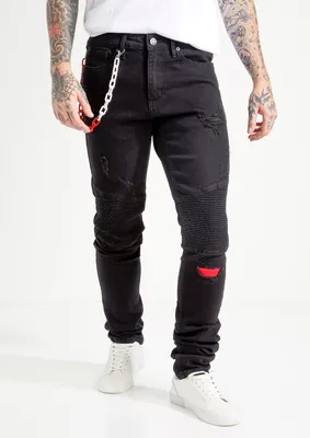Black Ripped Moto Belt Chain Stacked Skinny Jeans