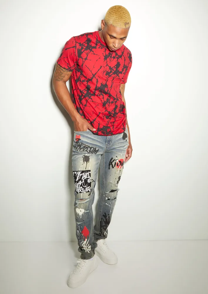 Ripped Red Skinny Jeans with Graffiti Print