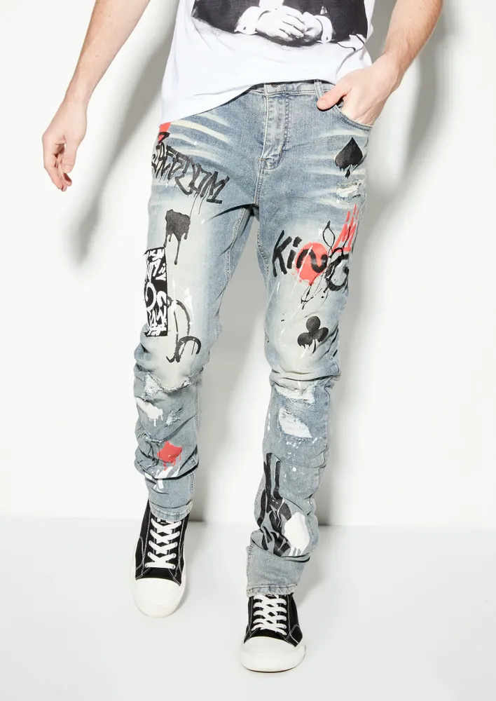Rue21 Medium Wash Card Suit Graffiti Print Skinny Jeans