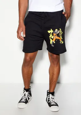 Black Naruto Graphic Fleece Shorts