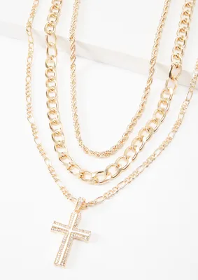 Gold Cross Pendant Layered Necklace