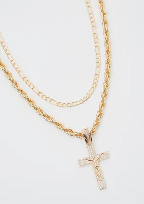 Gold Double Bling Cross Charm Necklace
