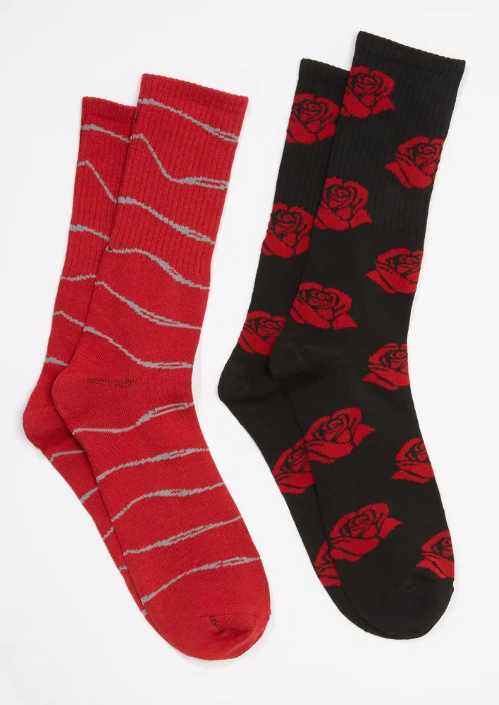 2-Pack Red Wire Rose Print Crew Sock Set