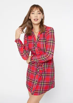Red Plaid Belted Long Sleeve Shirt Dress