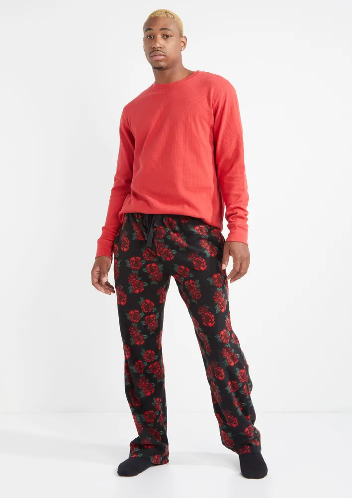 Rue21 Black Rose Print Fleece Sleep Pants