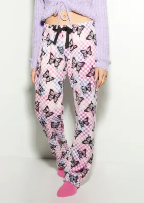 Pastel Checker Butterfly Plush Pajama Pants