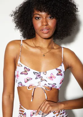 Butterfly Print Ruched Bralette Swim Top
