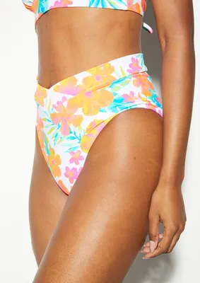 Tropical Print High Waisted Crossover Swim Bottoms