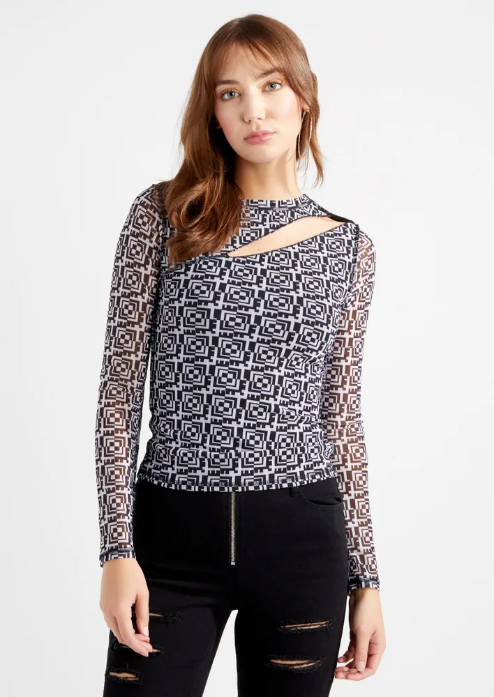 Rue21 Geometric Print Mesh Cutout Top