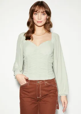 Light Green Mesh Sleeve Ruched Front Sweetheart Top
