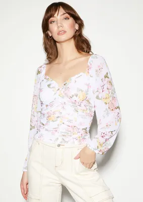Floral Print Mesh Sleeve Ruched Front Sweetheart Top