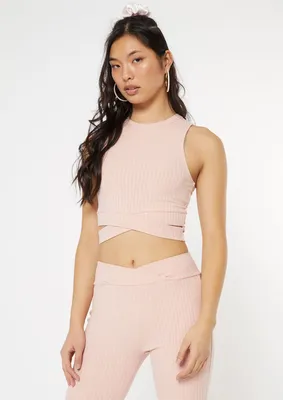 Pink Ribbed Crisscross Cut Out Tank Top