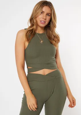 Olive Ribbed Crisscross Cut Out Tank Top