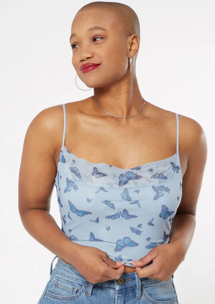 Rue21 Blue Butterfly Print Cowl Neck Mesh Crop Top