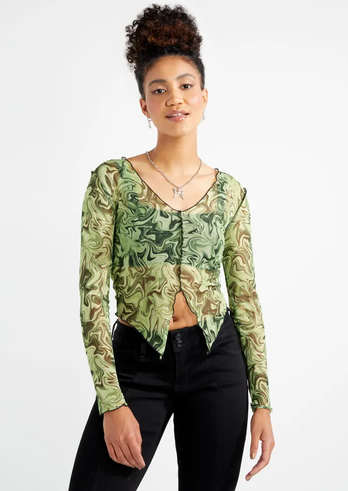 Marble Swirl Print Mesh Long Sleeve Top