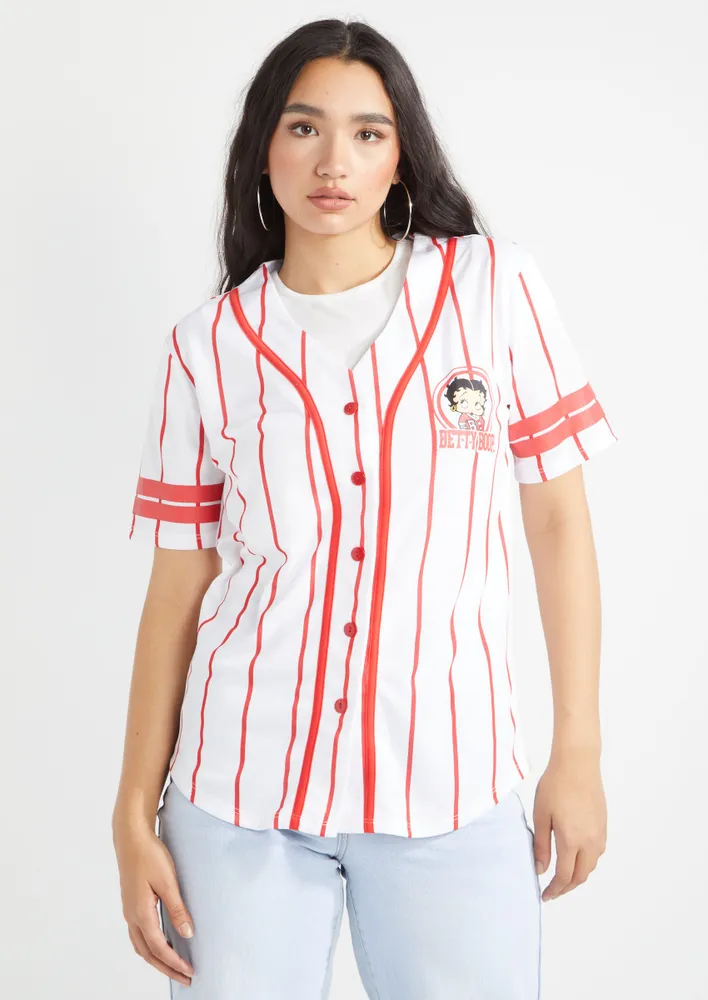 Rue21 White Pinstriped Betty Boop Graphic Baseball Jersey