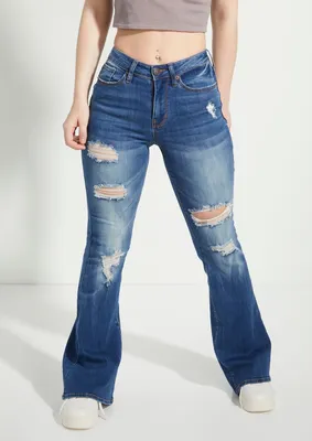 Medium Wash High Rise Ripped Fit And Flare Jeans
