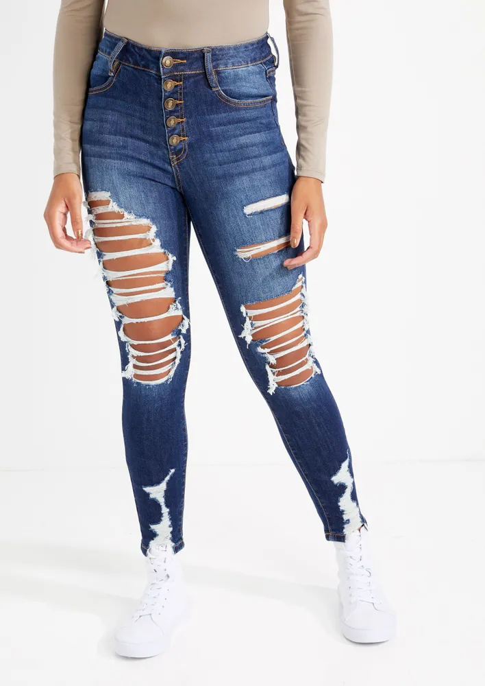 Rue21 Dark Wash Exposed Button Destroyed Jeggings