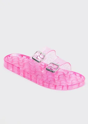 Pink Glitter Double Buckle Jelly Sandals