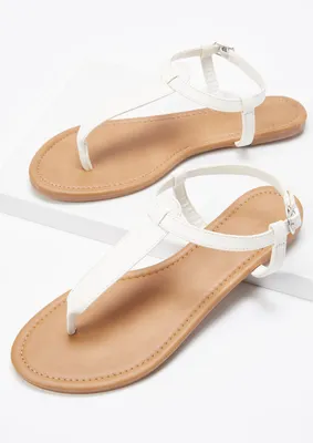 White Faux Leather T Strap Sandals