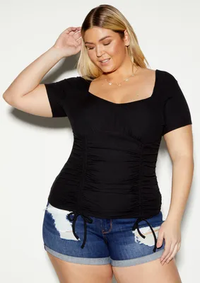 Plus Black Double Ruched Front Top