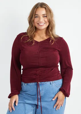 Plus Dark Red Ruched Front V Neck Top