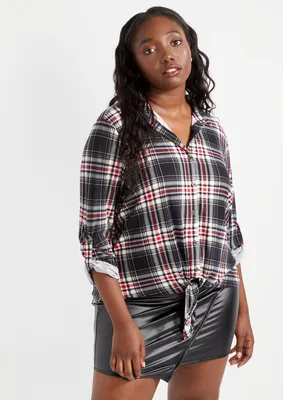 Plus Plaid Tie Front Button Down Top