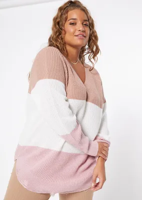 Plus Pink Colorblock Striped Destructed Hem Sweater